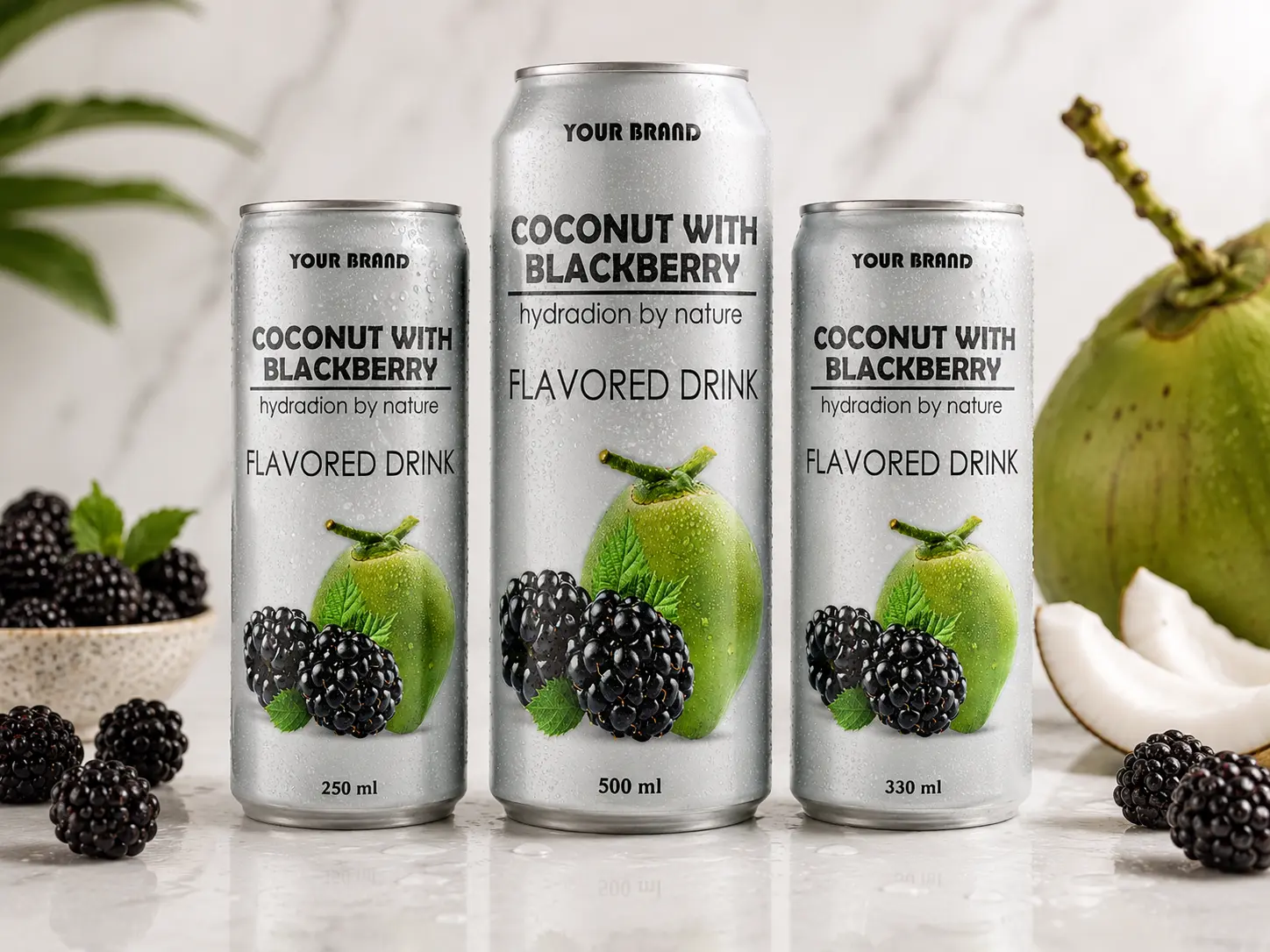 COCONUT FLAVORED DRINK blackberry flavour shown in 250ml, 500ml, and 330ml cans.